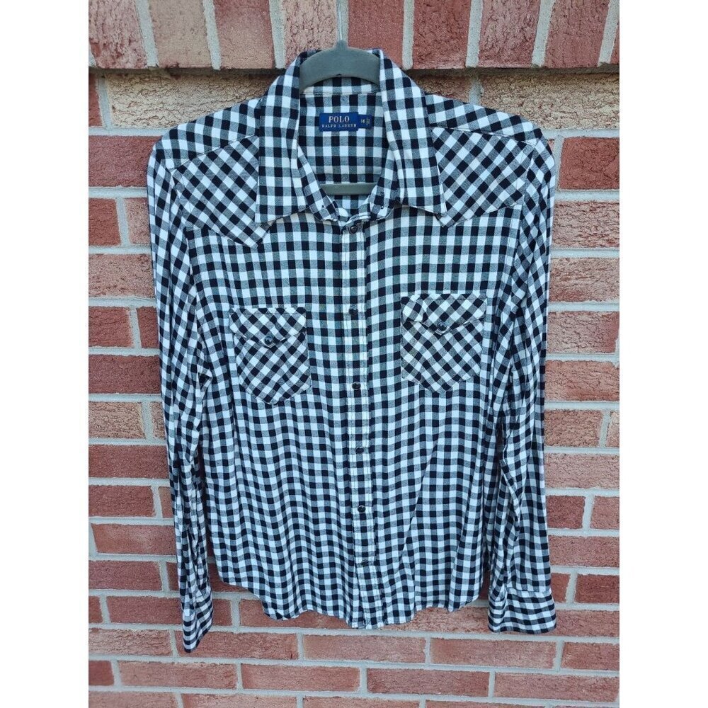 Polo Ralph Lauren Flannel Snap Up Shirt Women's Size 14 Plaid Black and White